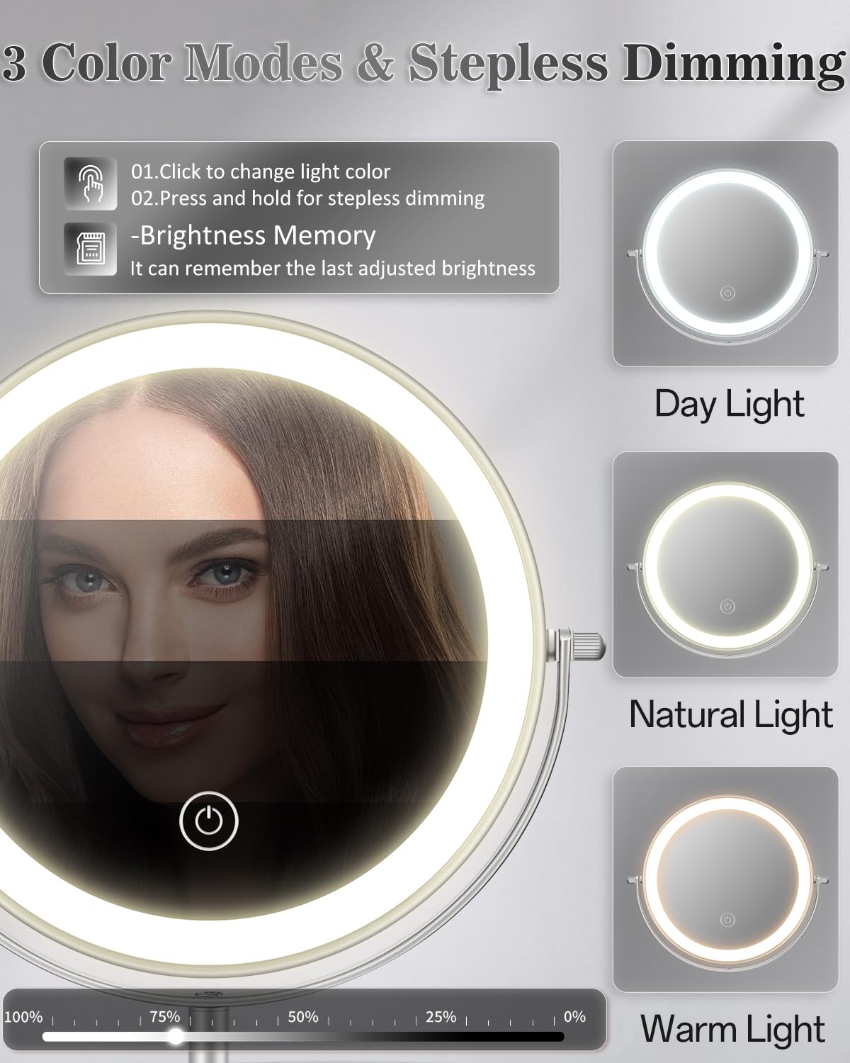 VPU makeup mirror provides stepless brightness and memory of last setting