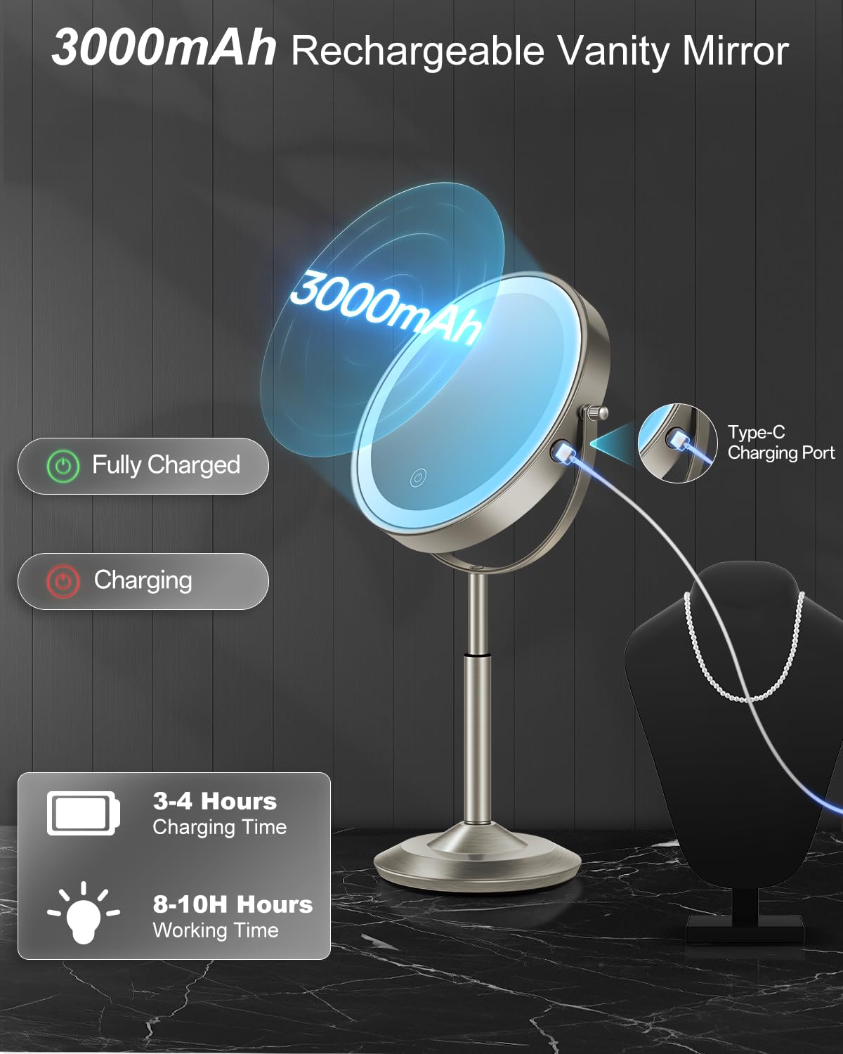 VPU makeup mirror metal frame offers durable, rust-resistant build.