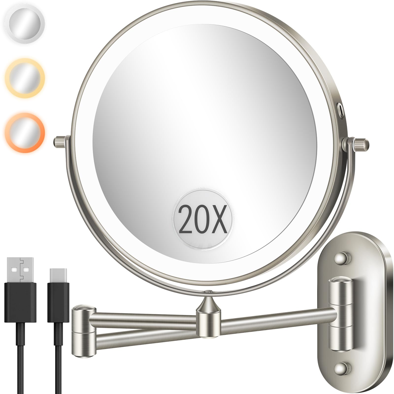 VPU wall-mounted makeup mirror with LED 8-inch for bright, even makeup lighting