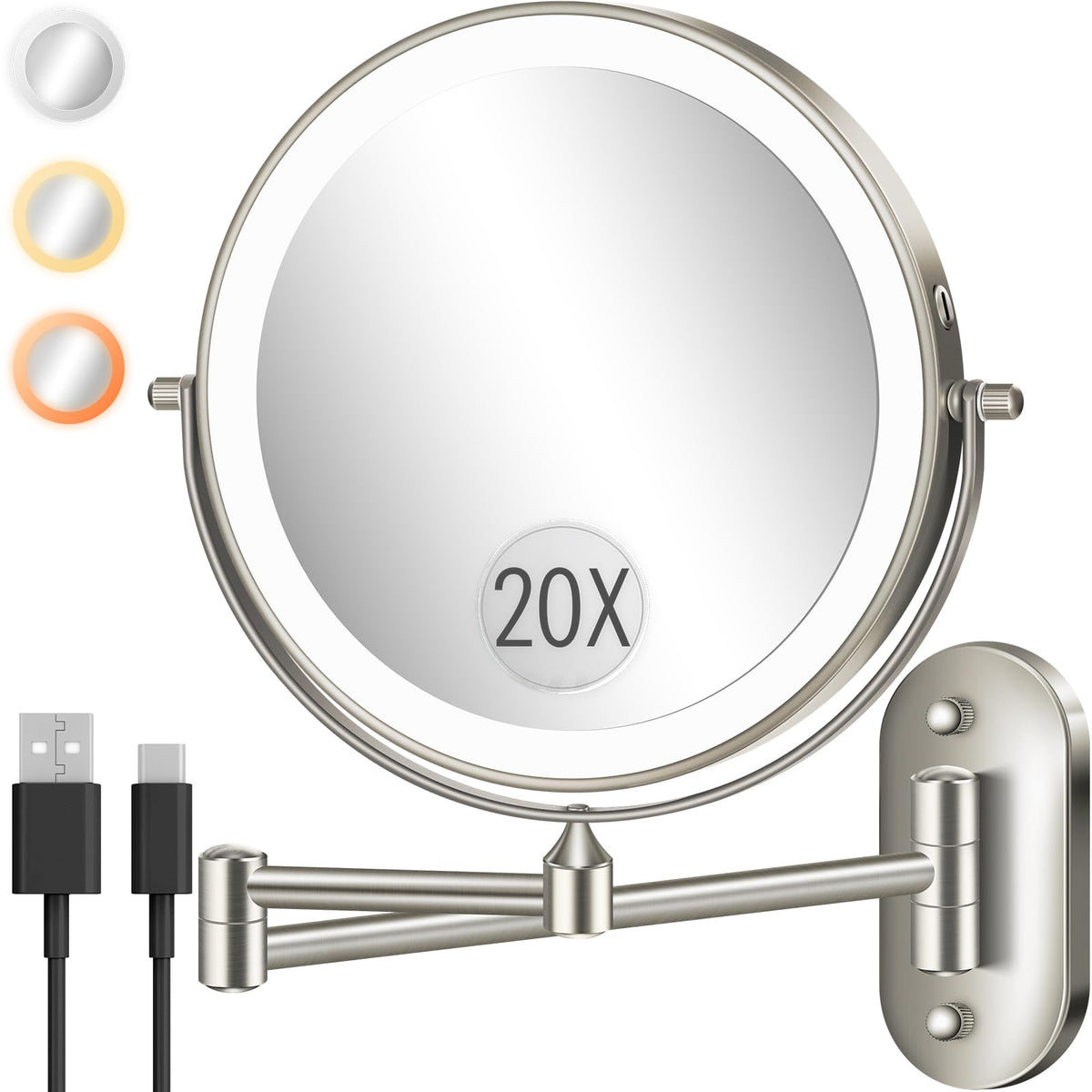 VPU wall-mounted makeup mirror with LED 8-inch for bright, even makeup lighting