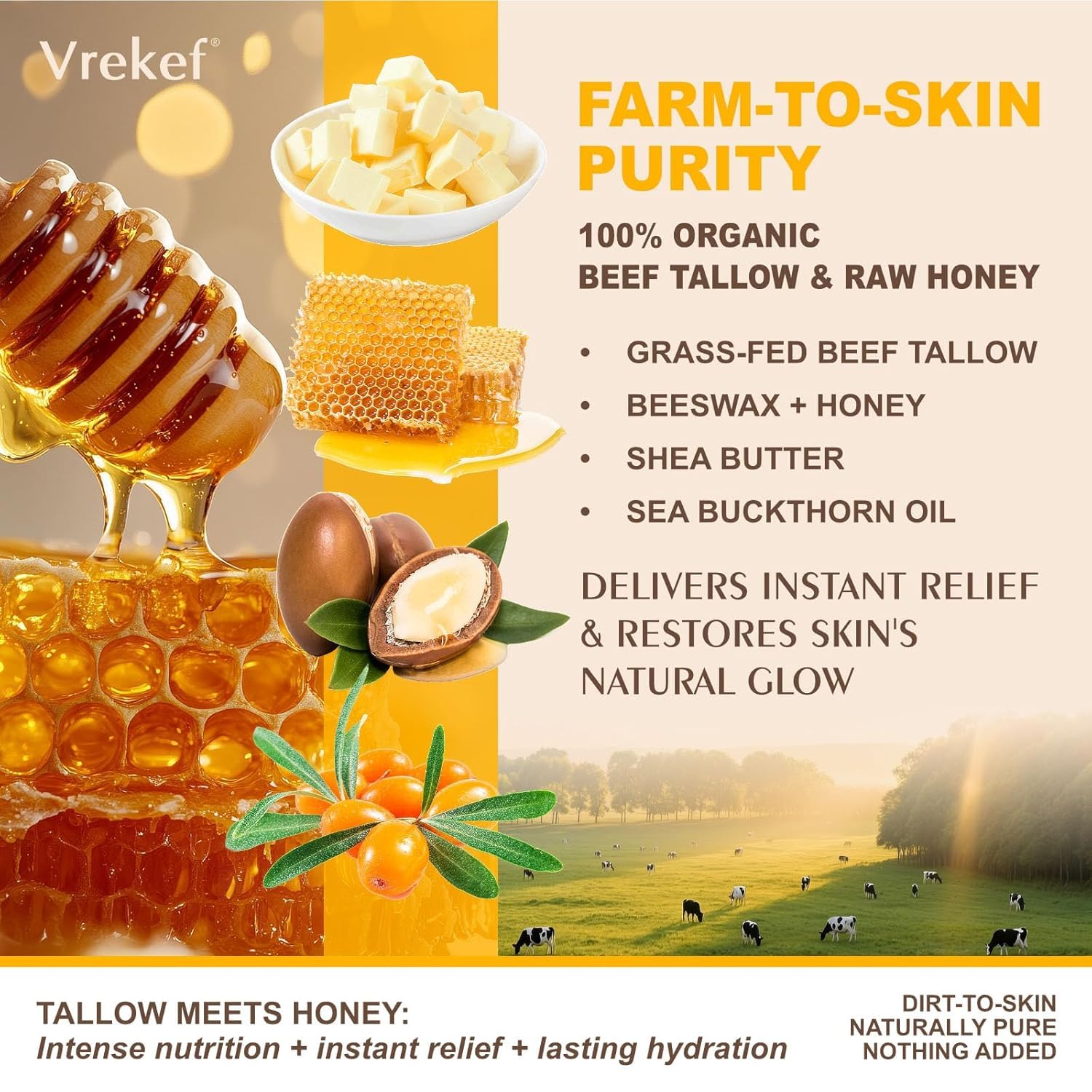 VREKEF grass-fed tallow ingredients highlight nourishing hydration.