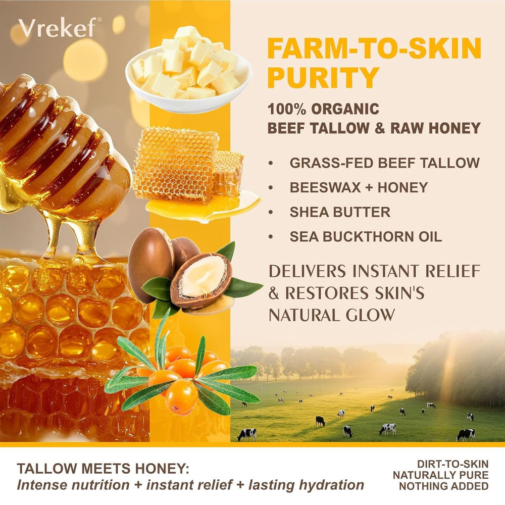 VREKEF grass-fed tallow ingredients highlight nourishing hydration.