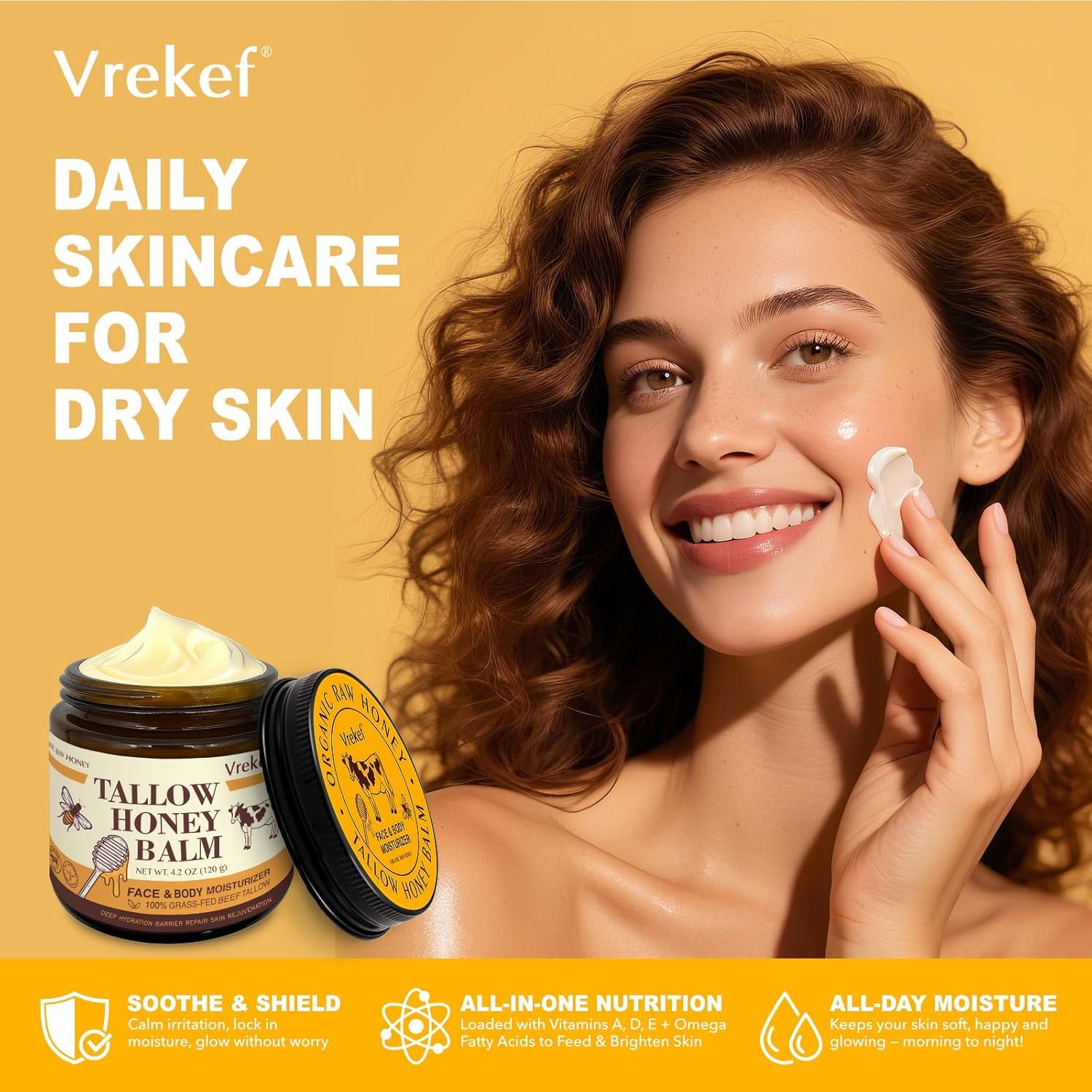 VREKEF packaging close-up conveys clean, trusted natural skincare.