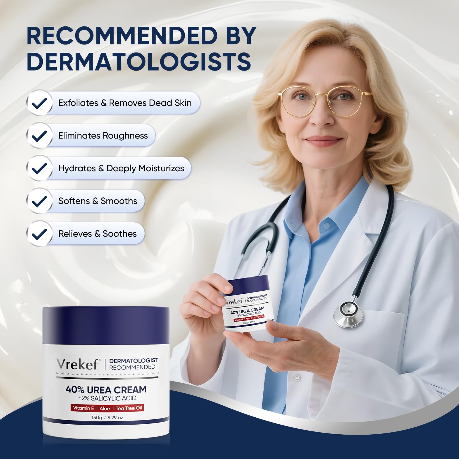 VREKEF Urea Cream on hands highlights non-greasy formula for all-day wear.