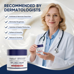 VREKEF Urea Cream on hands highlights non-greasy formula for all-day wear.