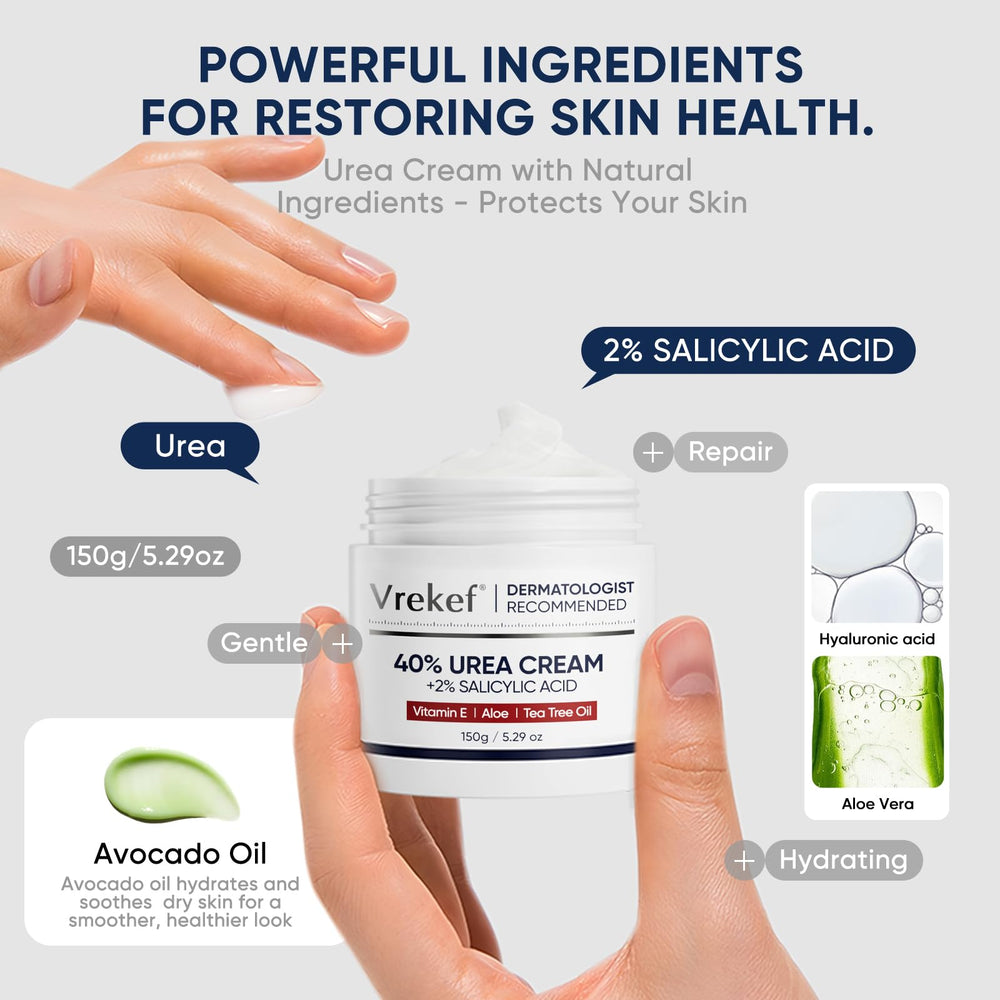VREKEF Urea Cream ingredient panel emphasizes natural glycerin and avocado nourishment.