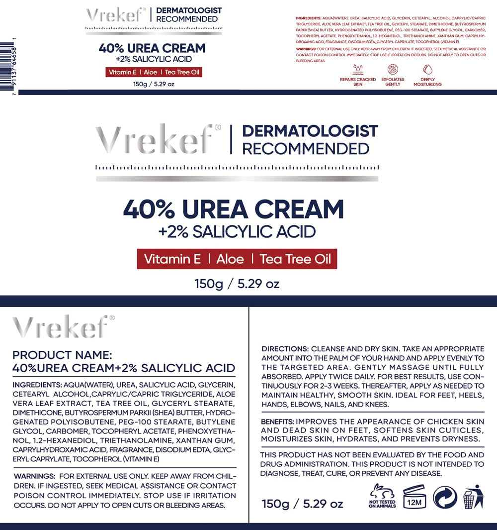 VREKEF Urea Cream packaging shot showcases travel-friendly tub.