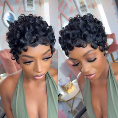 VRZ Pixie Cut Wig Brazilian curly closeup shows daily wear-ready shine