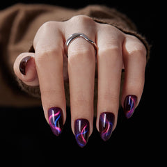 VSALON press-on nails Short Almond with dark purple cat-eye glow for salon-grade shine