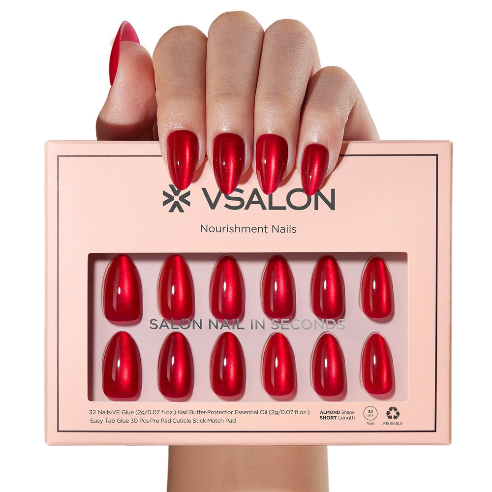 VSALON press-on nails short almond in heartbeat red for salon-grade shine
