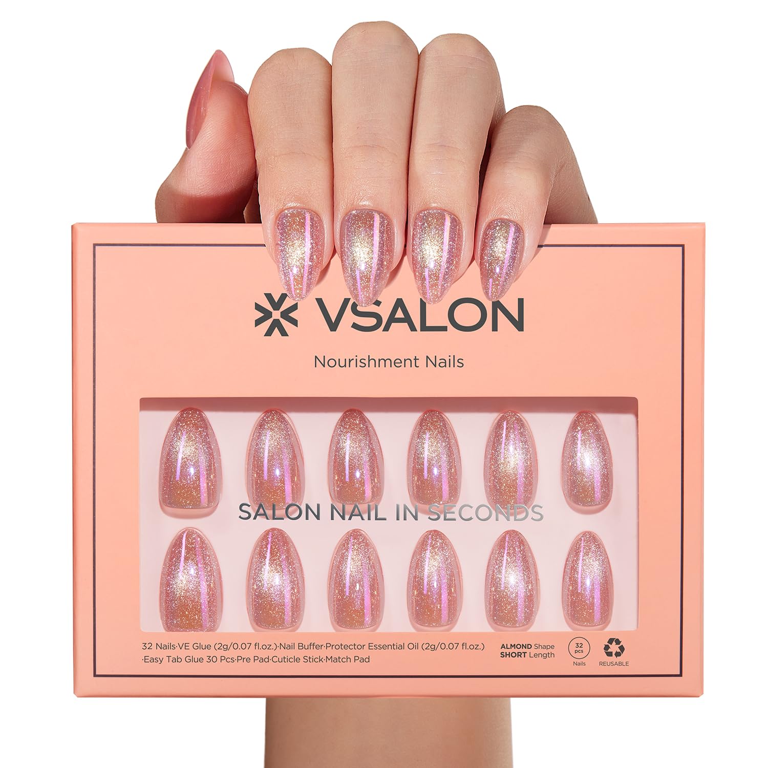 VSALON 32-piece set in almond nails offers versatile at-home glam