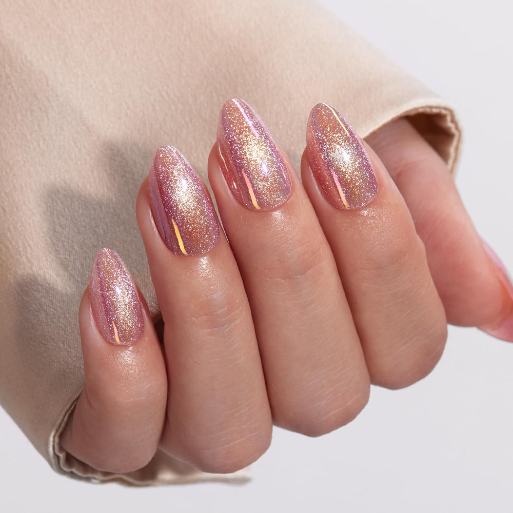 VSALON press-on nails almond shape with pink cat-eye gloss for instant glam
