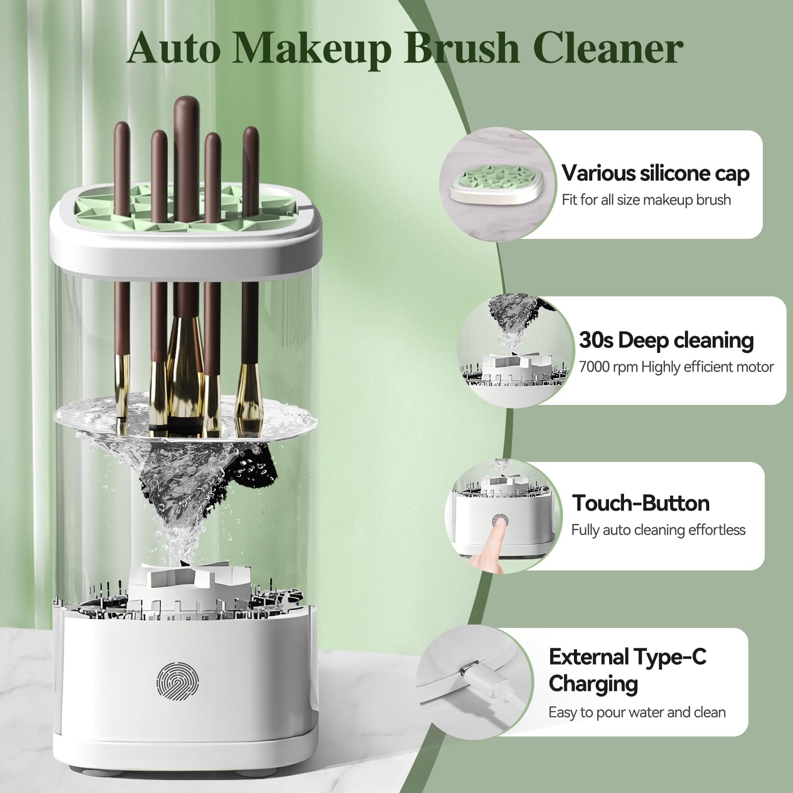 Vseomay electric makeup brush cleaner machine in use for hands-free cleaning on the go.
