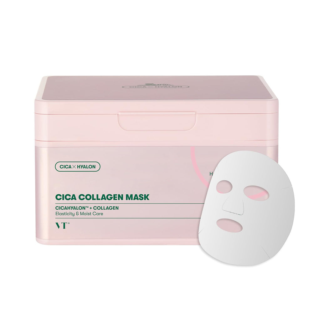 VT COSMETICS CICA Collagen Daily Mask packaging highlights pink essence for intense hydration.