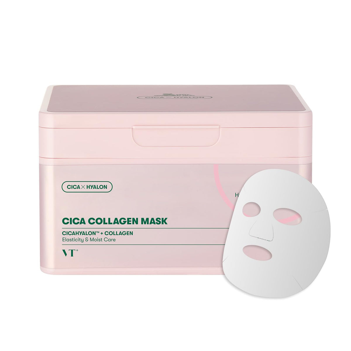 VT COSMETICS CICA Collagen Daily Mask packaging highlights pink essence for intense hydration.