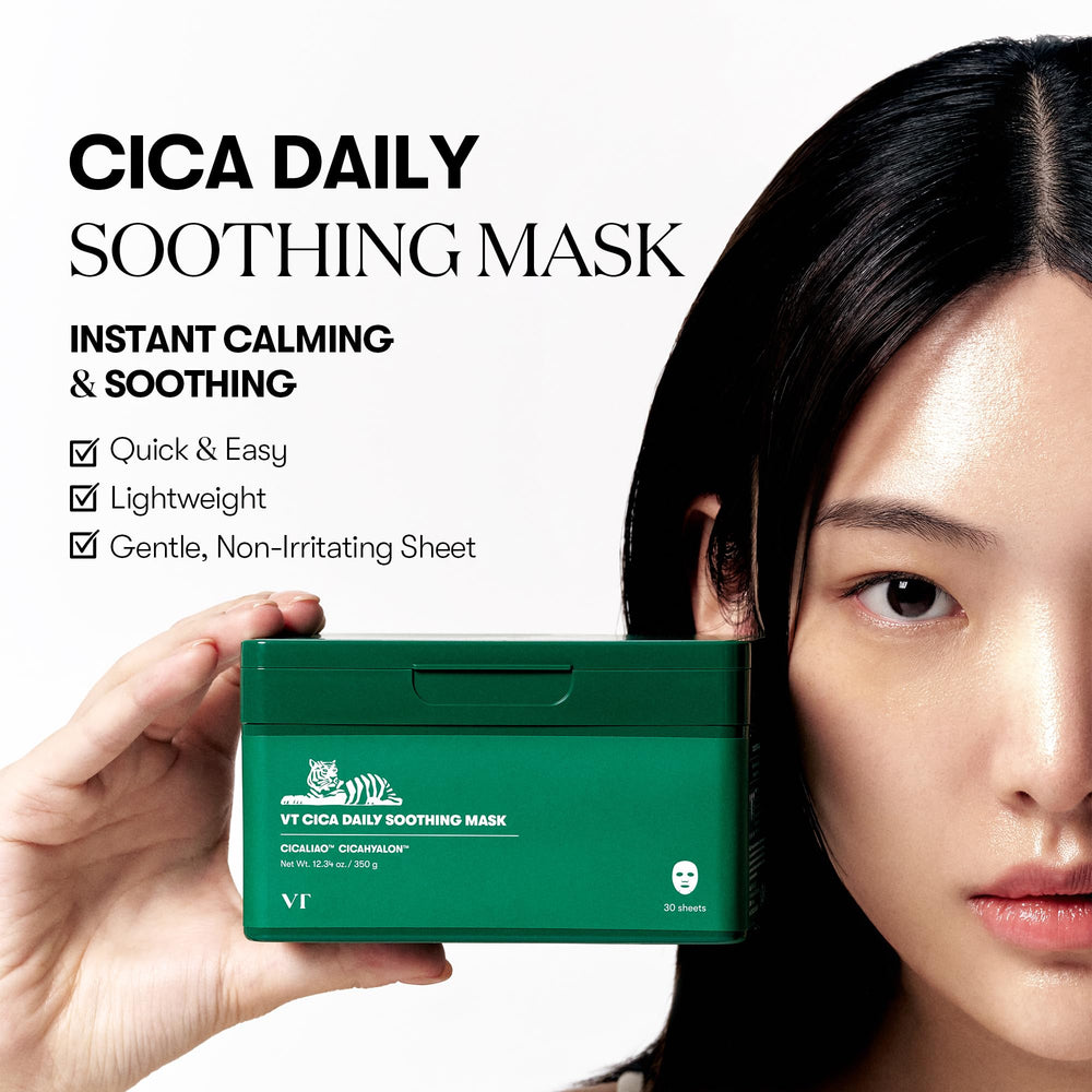 VT COSMETICS CICA Daily Soothing Mask ampoule essence bottle highlighting quick-absorbing hydration.