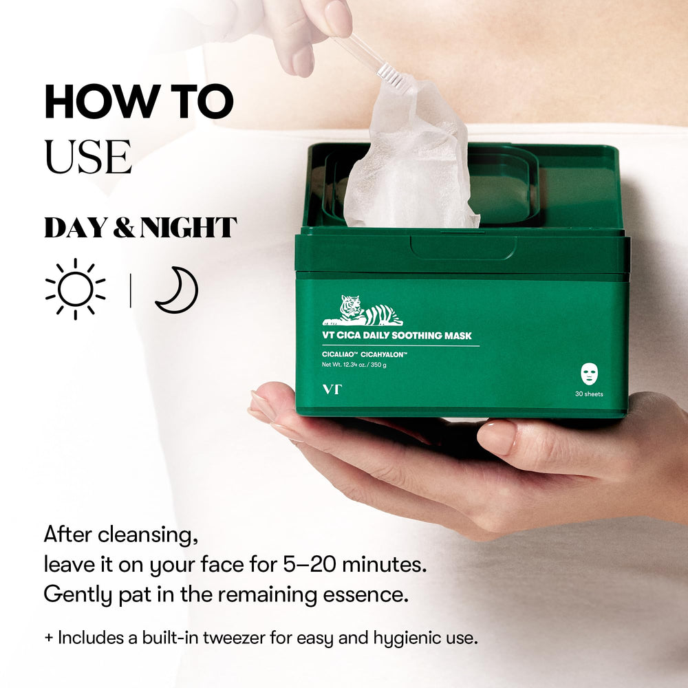 VT COSMETICS CICA Daily Soothing Mask in a morning routine setup for quick hydration.