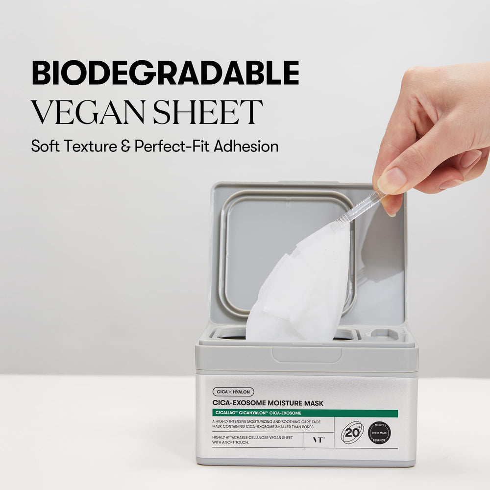 VT COSMETICS Cica-Exosome Moisture Mask biodegradable vegan sheet texture.