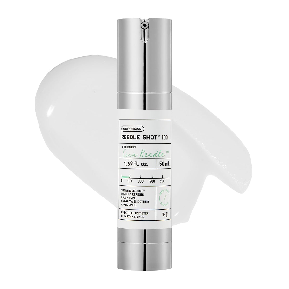 VT COSMETICS CICA Reedle Shot bottle close-up illustrating soothing essence for enhanced absorption.