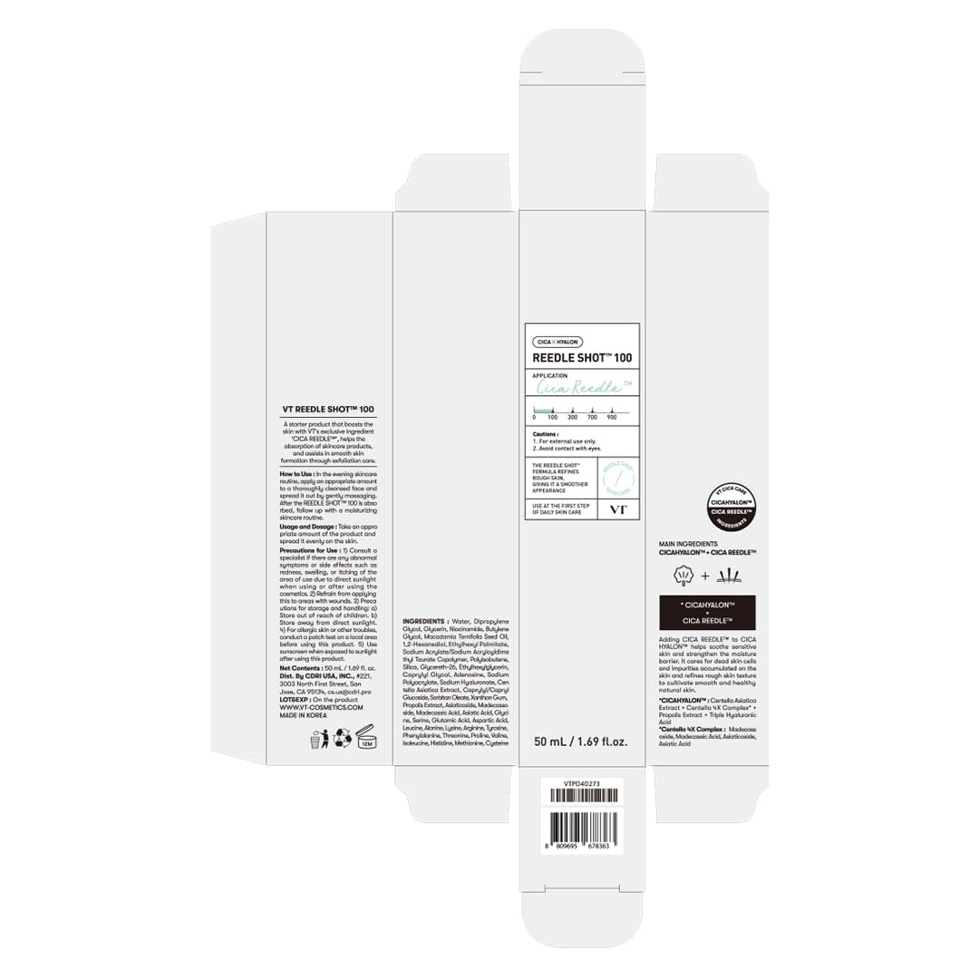 VT COSMETICS CICA Reedle Shot packaging label close-up emphasizes brand.