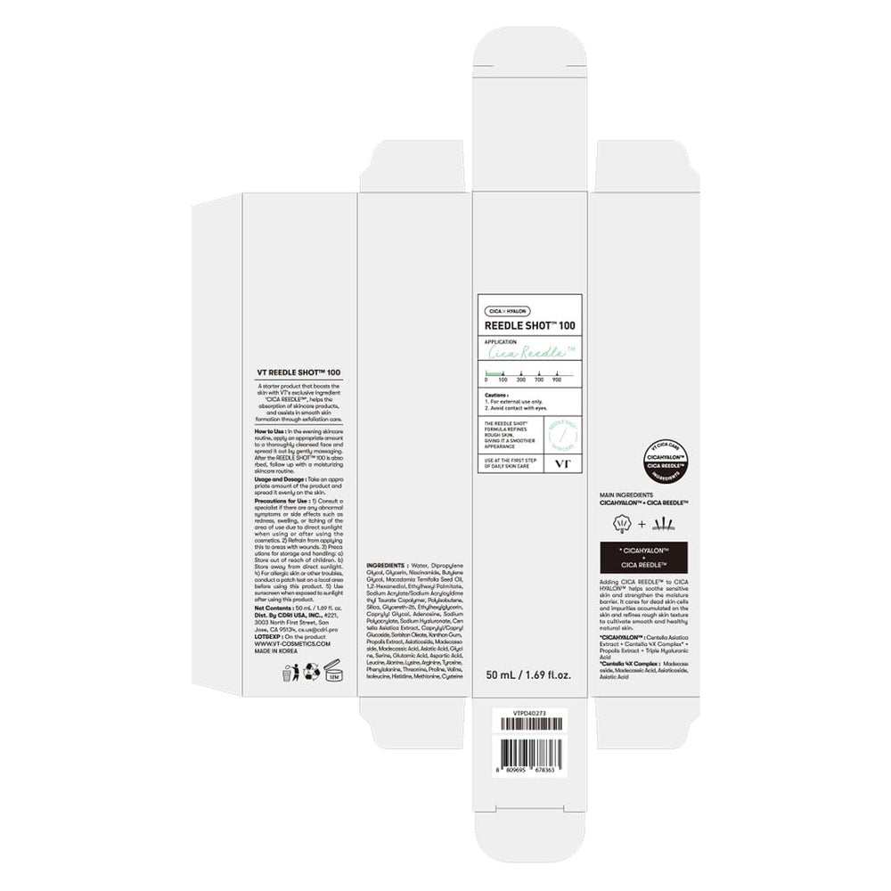 VT COSMETICS CICA Reedle Shot packaging label close-up emphasizes brand.