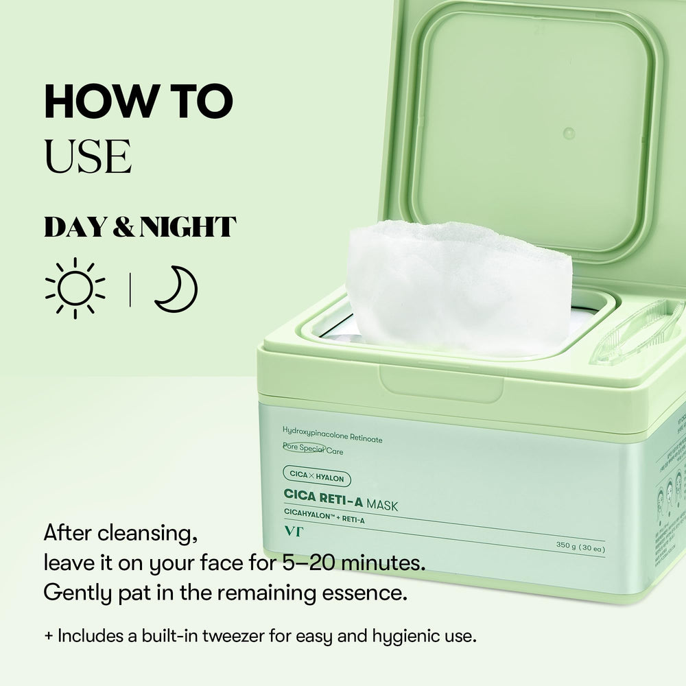 VT COSMETICS CICA Reti-A Daily Mask application scene suggests a quick 5-minute ritual.