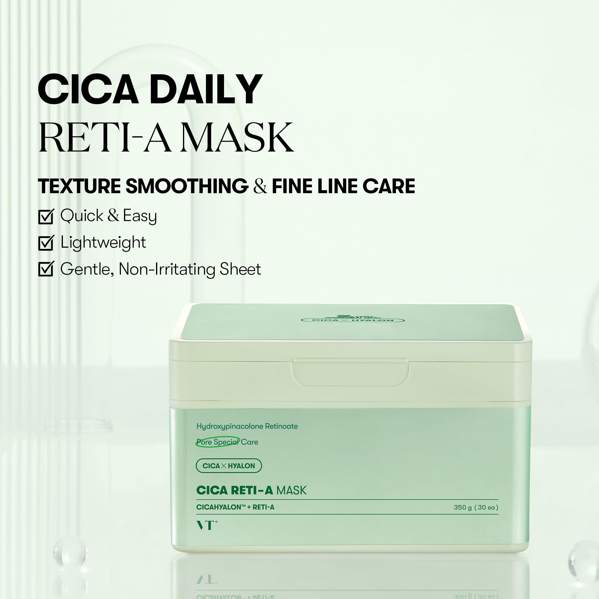 VT COSMETICS CICA Reti-A Daily Mask sheet closeup shows hydration-ready sheet.