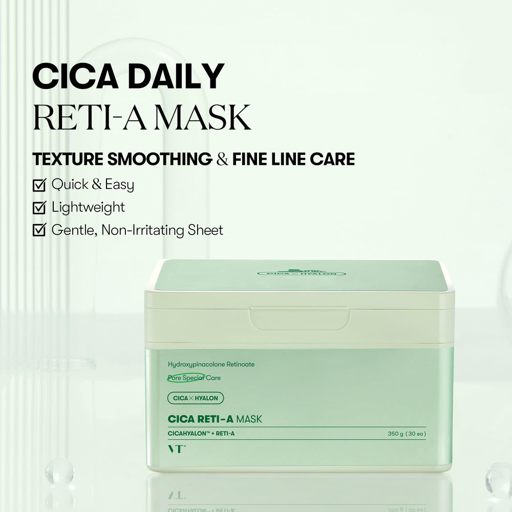 VT COSMETICS CICA Reti-A Daily Mask sheet closeup shows hydration-ready sheet.