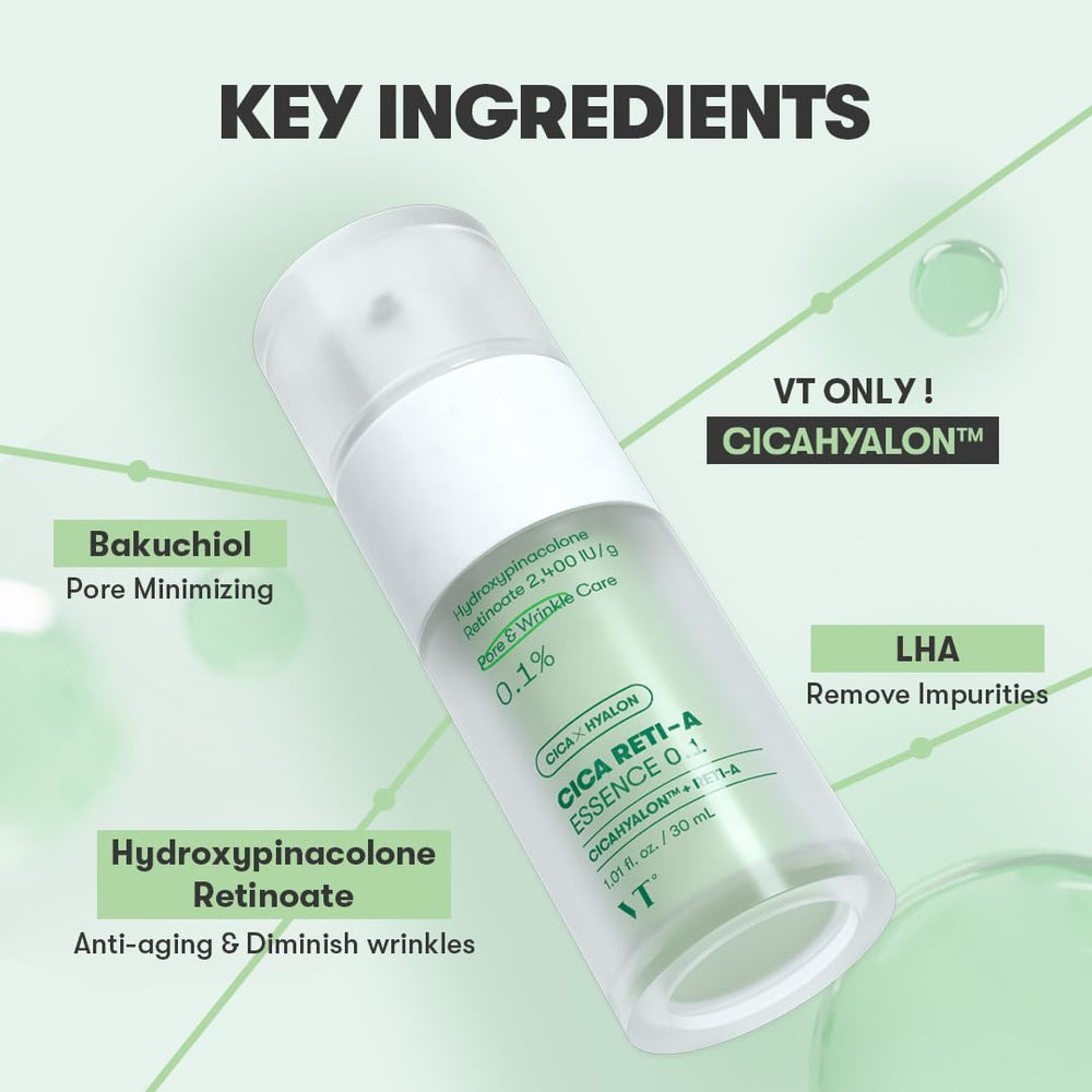 VT COSMETICS Cica Reti-A Retinol Essence texture close-up highlights hydrating feel.
