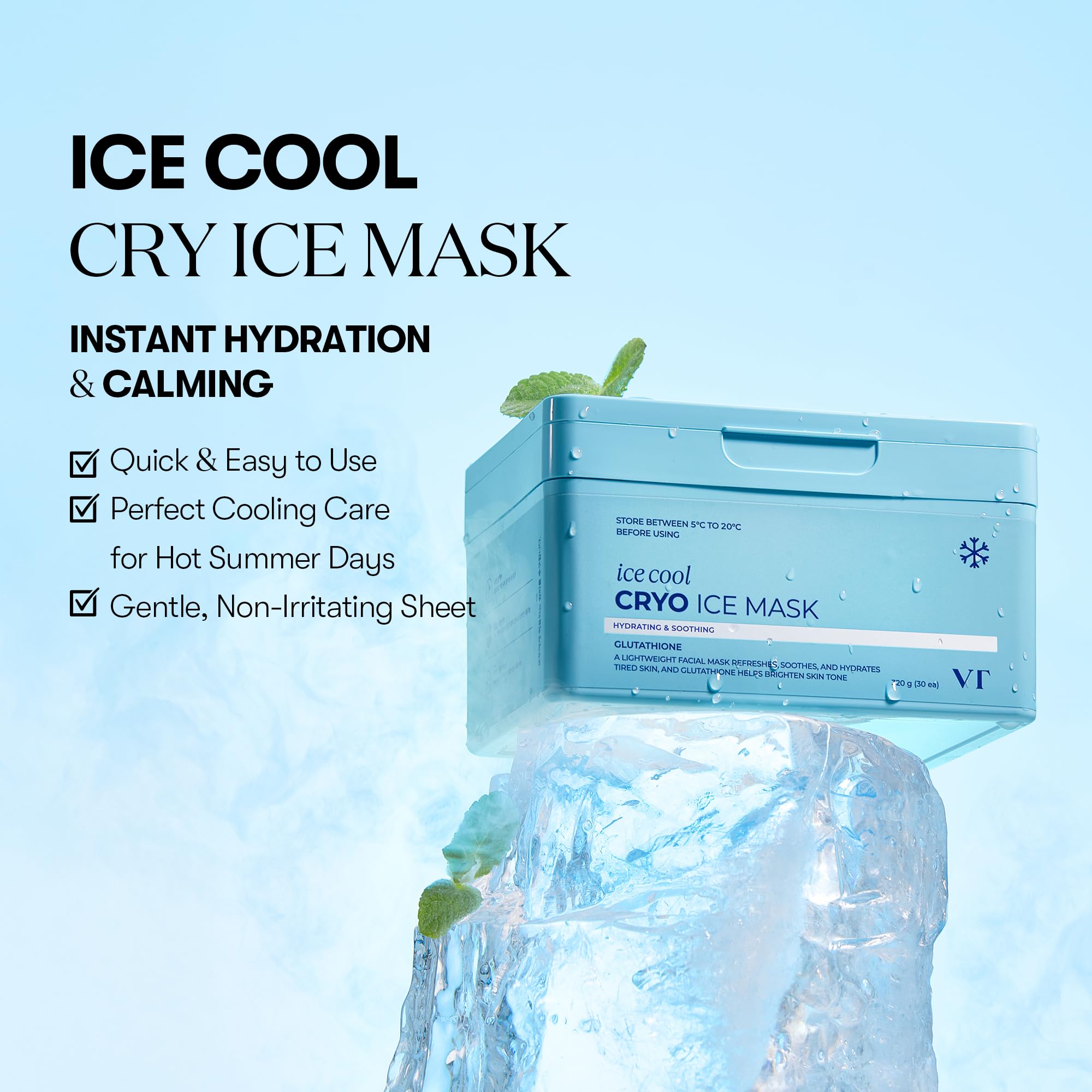 VT COSMETICS Cryo Ice Mask Sheets closeup of cooling essence on the skin