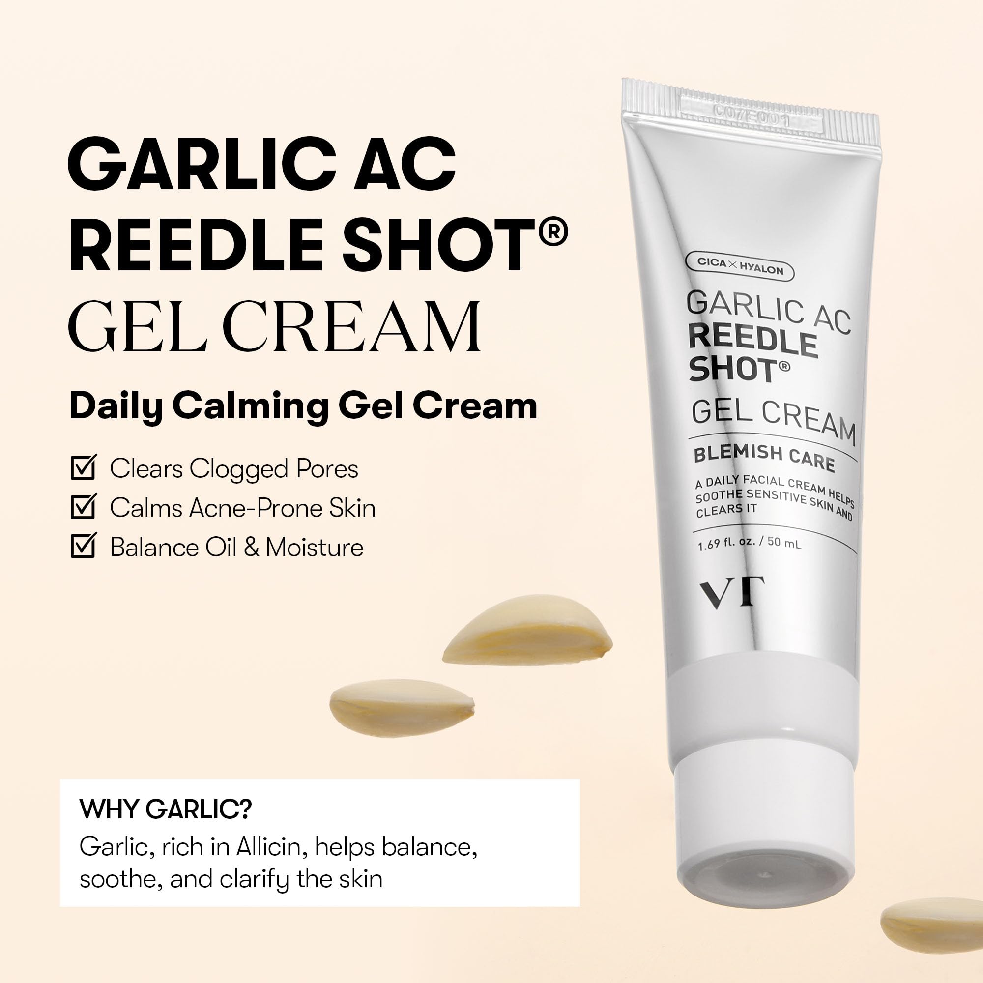 VT COSMETICS Garlic AC Reedle Shot Gel Cream texture closeup highlighting its lightweight, fast-absorbing gel.
