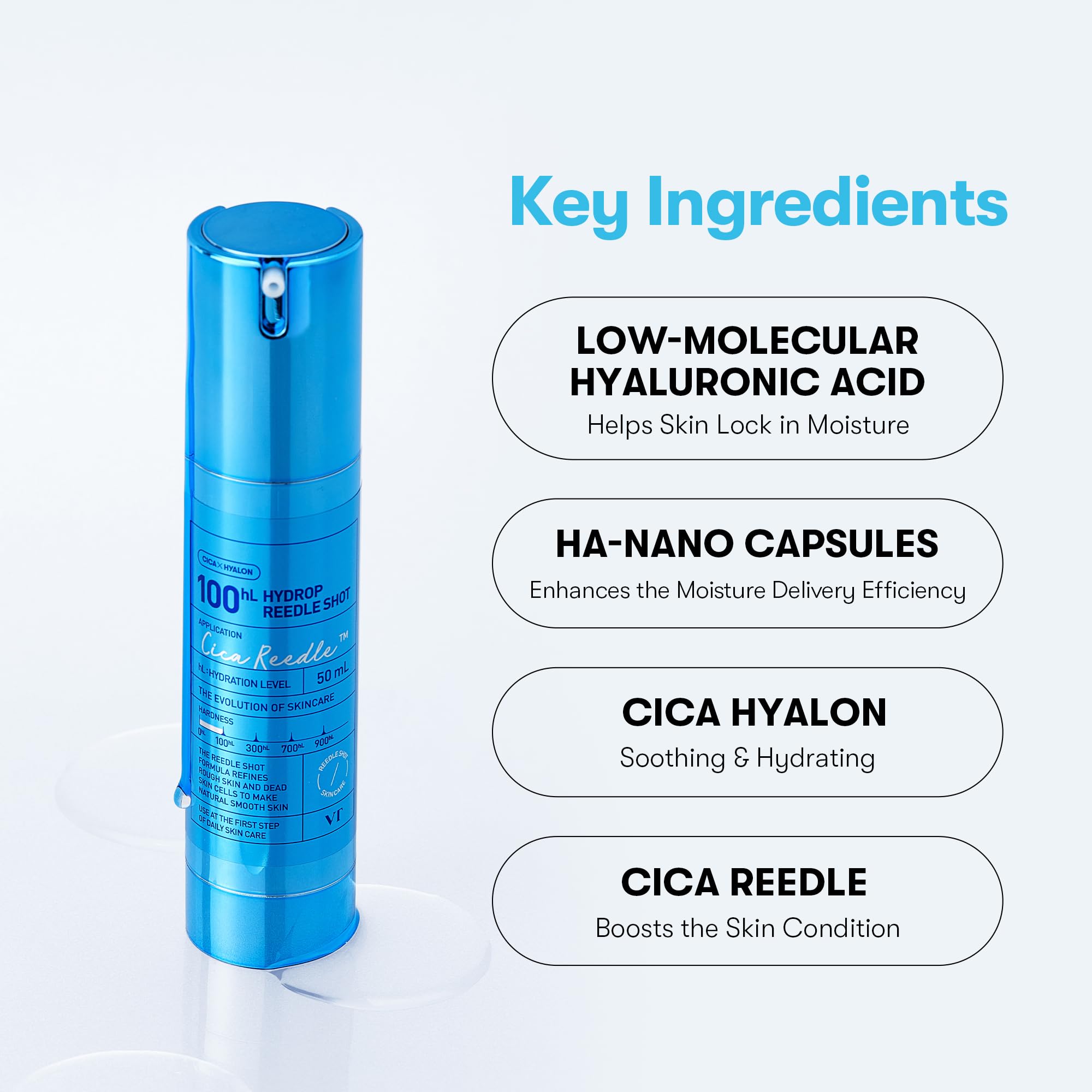 VT COSMETICS Hydrop Reedle Shot hyaluronic-acid molecule visual conveys ultra-fine hydration particles