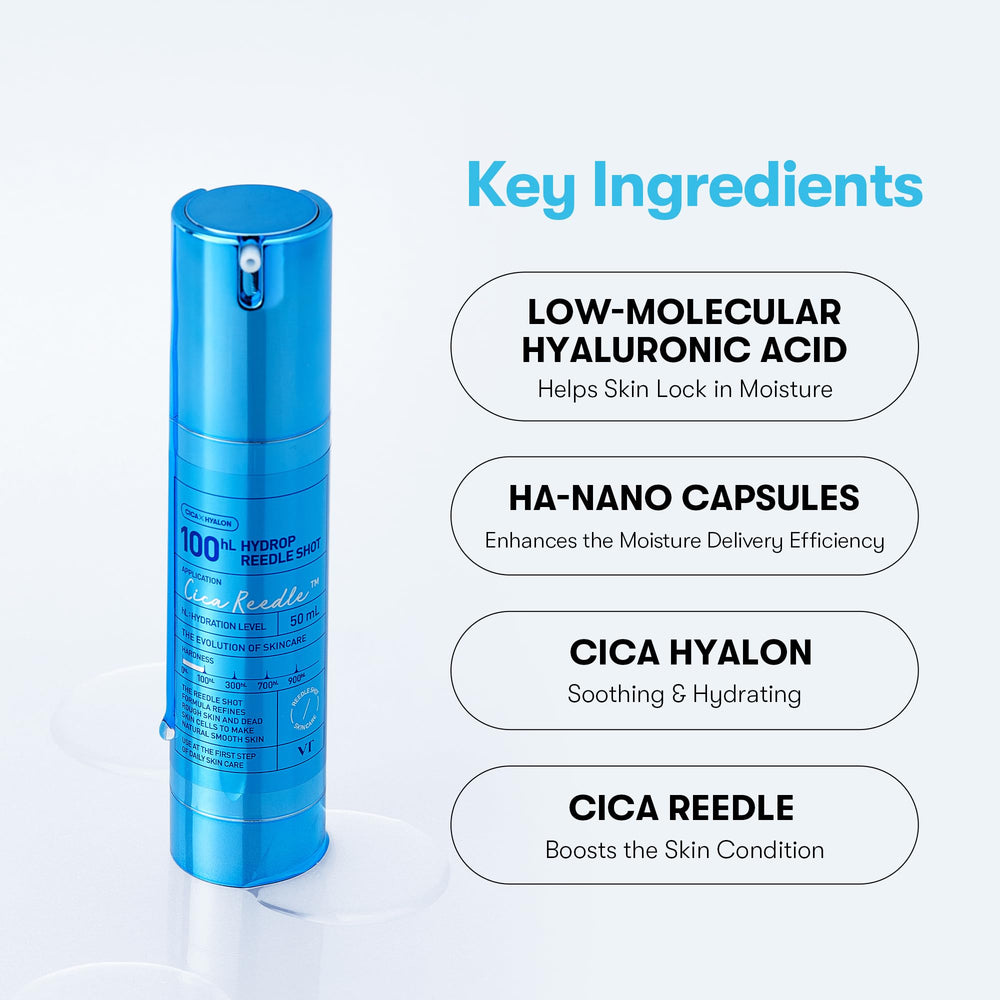 VT COSMETICS Hydrop Reedle Shot hyaluronic-acid molecule visual conveys ultra-fine hydration particles