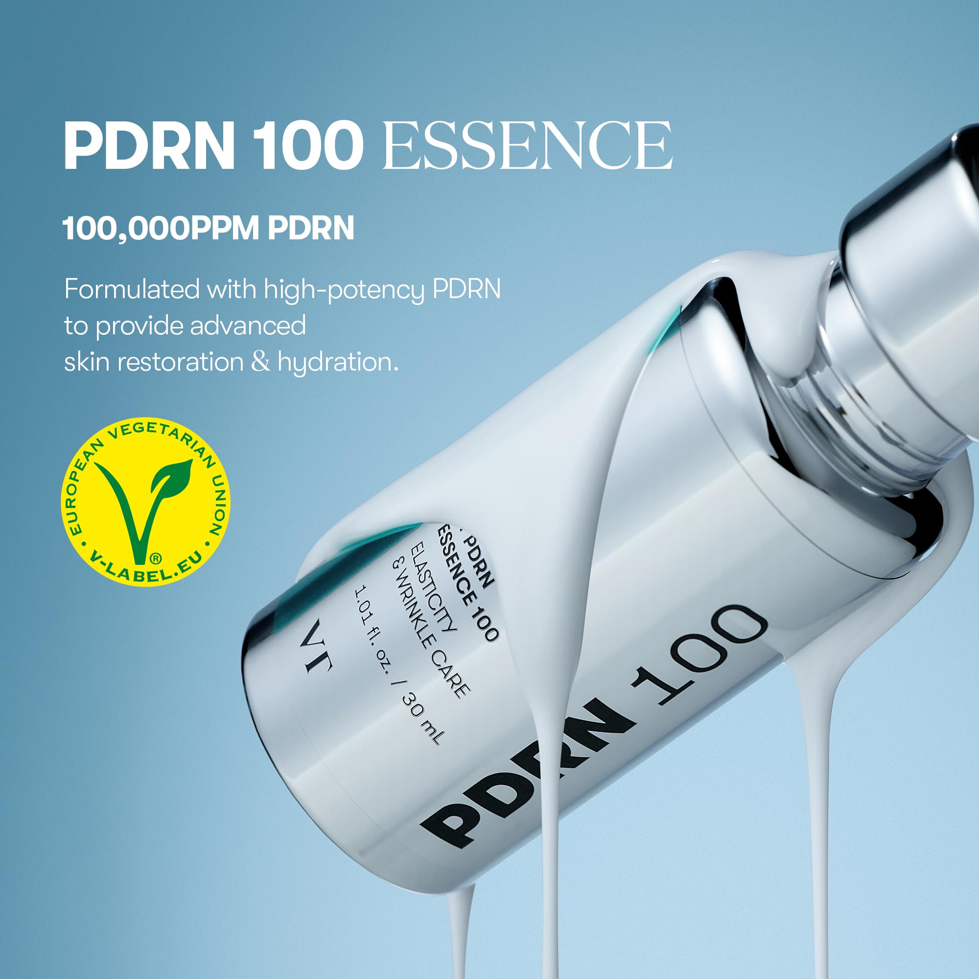 VT COSMETICS PDRN 100 Essence milky texture forms a hydrating layer.
