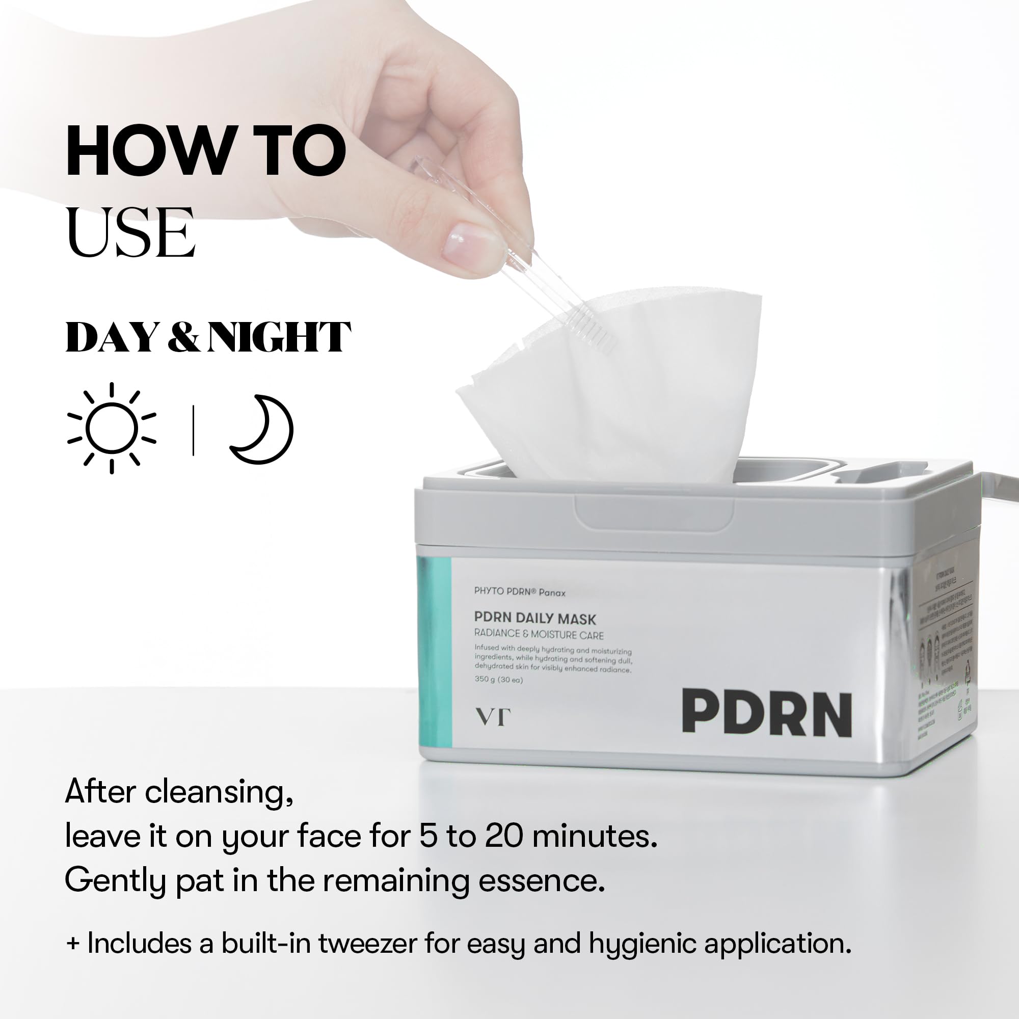 VT COSMETICS PDRN Daily Mask applying on face demonstrates quick, close adhesion