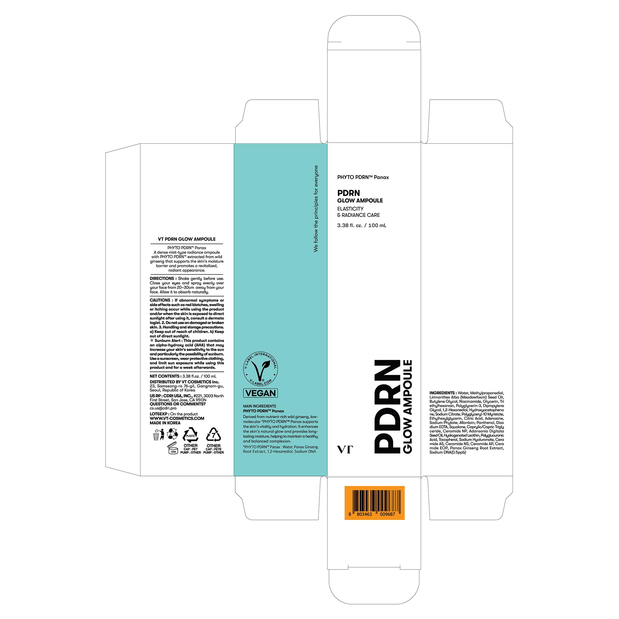 VT COSMETICS PDRN Glow Ampoule 100 ml bottle demonstrates lightweight fragrance-free formula.