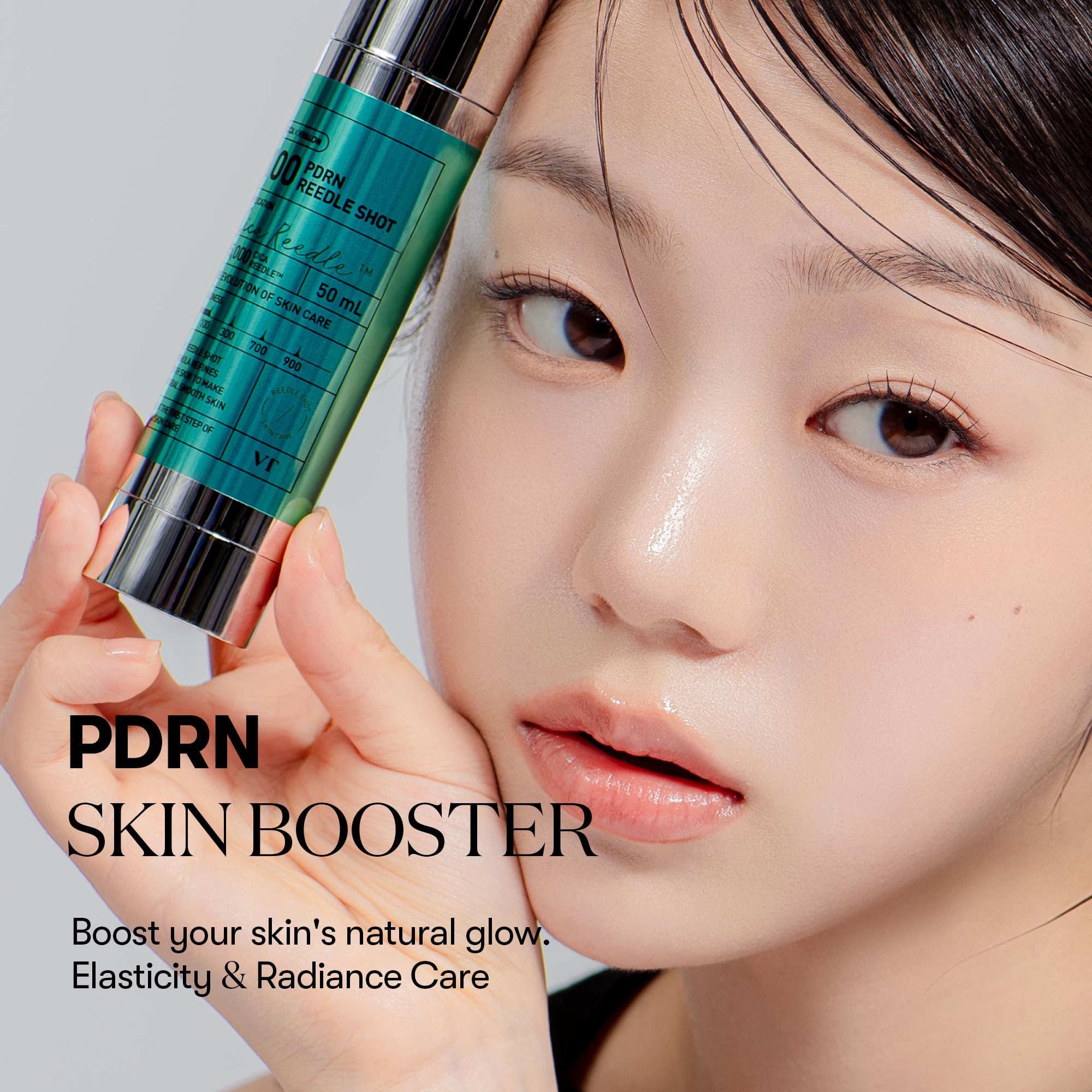 VT COSMETICS PDRN Reedle Shot application shown with gentle tapping to improve elasticity