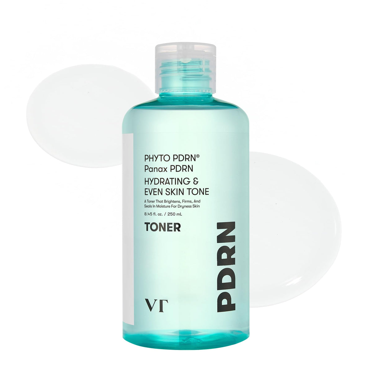 VT COSMETICS PDRN Toner bottle on a clean counter delivering refreshing hydration.