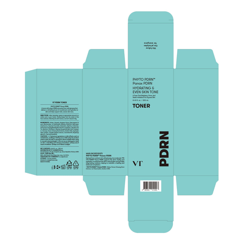 VT COSMETICS PDRN Toner packaging flat lay, fragrance-free and suitable for all skin types.