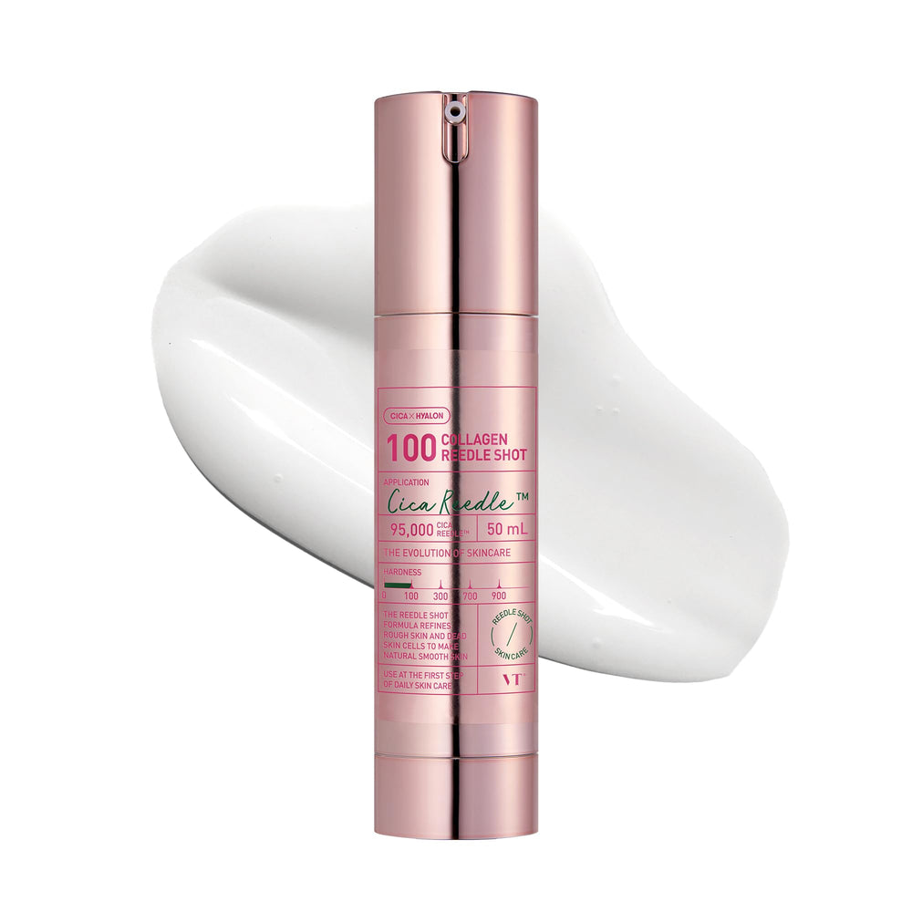 VT COSMETICS Pink Reedle Shot bottle shows hydration-focused serum for radiant skin.