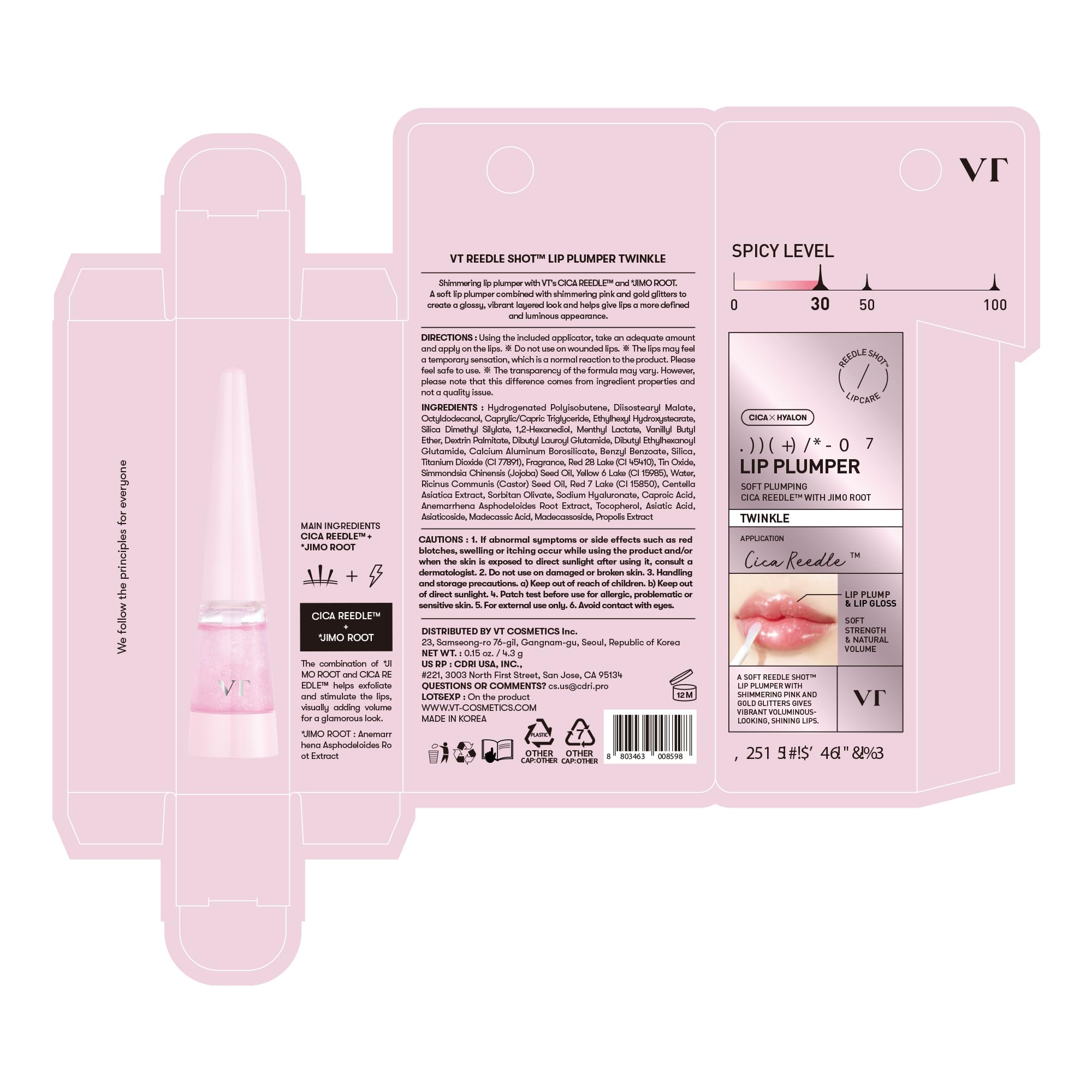 VT COSMETICS Reedle Shot Lip Plumper Twinkle gloss delivers a soft pink glitter finish