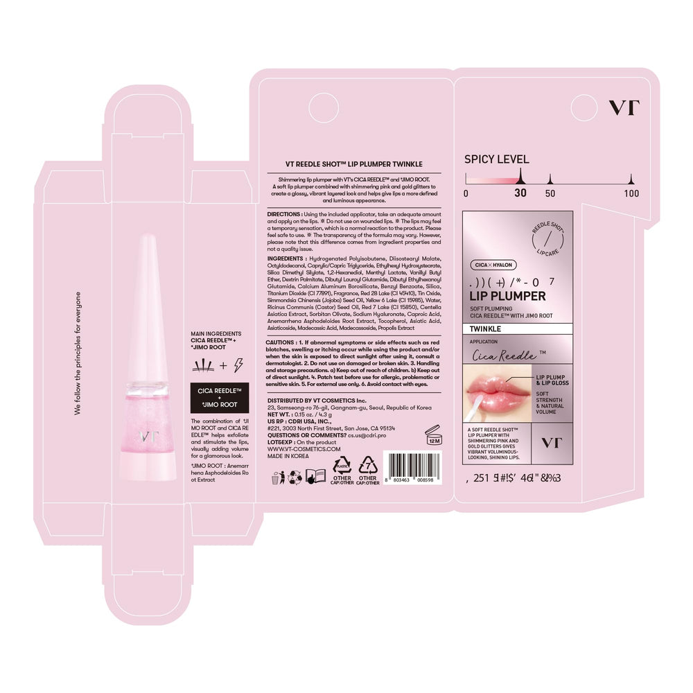 VT COSMETICS Reedle Shot Lip Plumper Twinkle gloss delivers a soft pink glitter finish