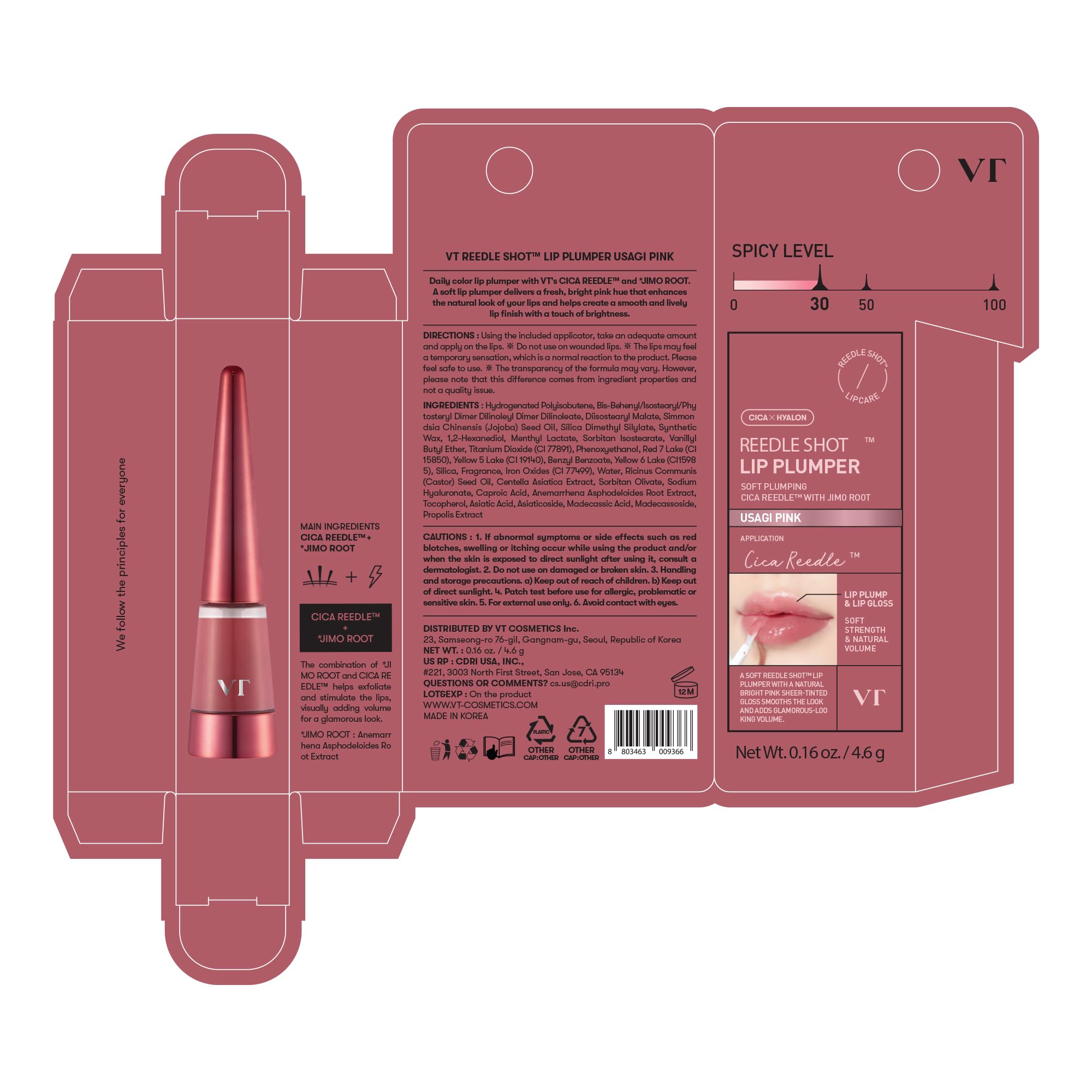 VT COSMETICS Reedle Shot Lip Plumper Usagi Pink on lips demonstrating soft milky pink sheen.