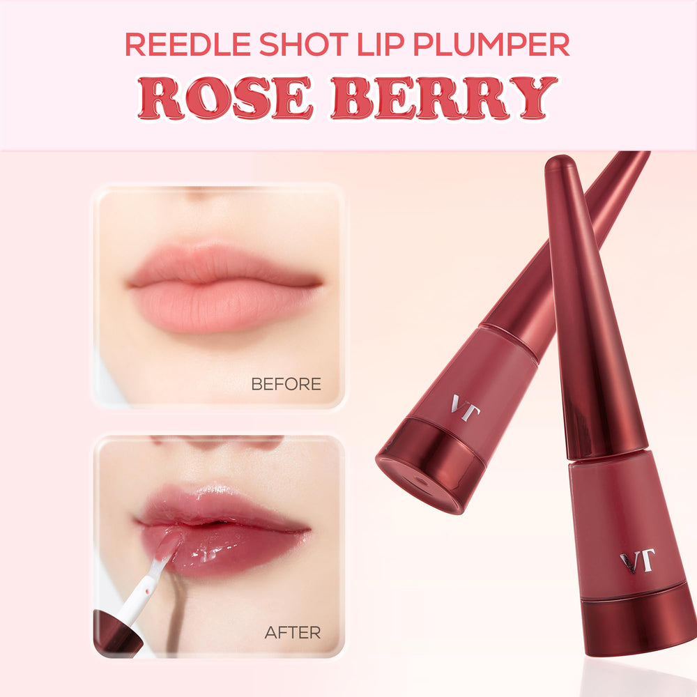 VT COSMETICS Reedle Shot roseberry gloss on lips shows fuller, non-sticky shine.