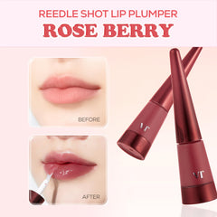 VT COSMETICS Reedle Shot roseberry gloss on lips shows fuller, non-sticky shine.