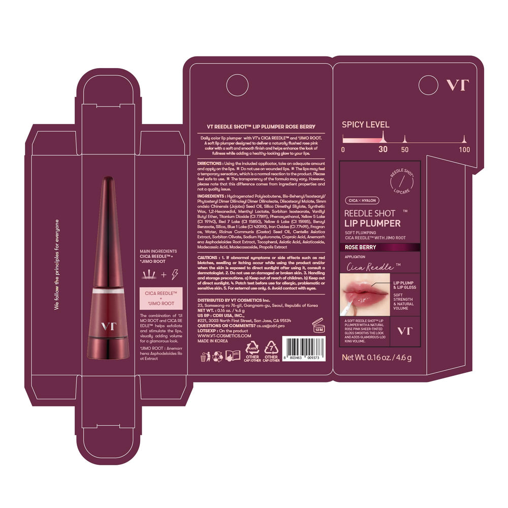 VT COSMETICS Reedle Shot roseberry shade smooths lip texture for a refined look.