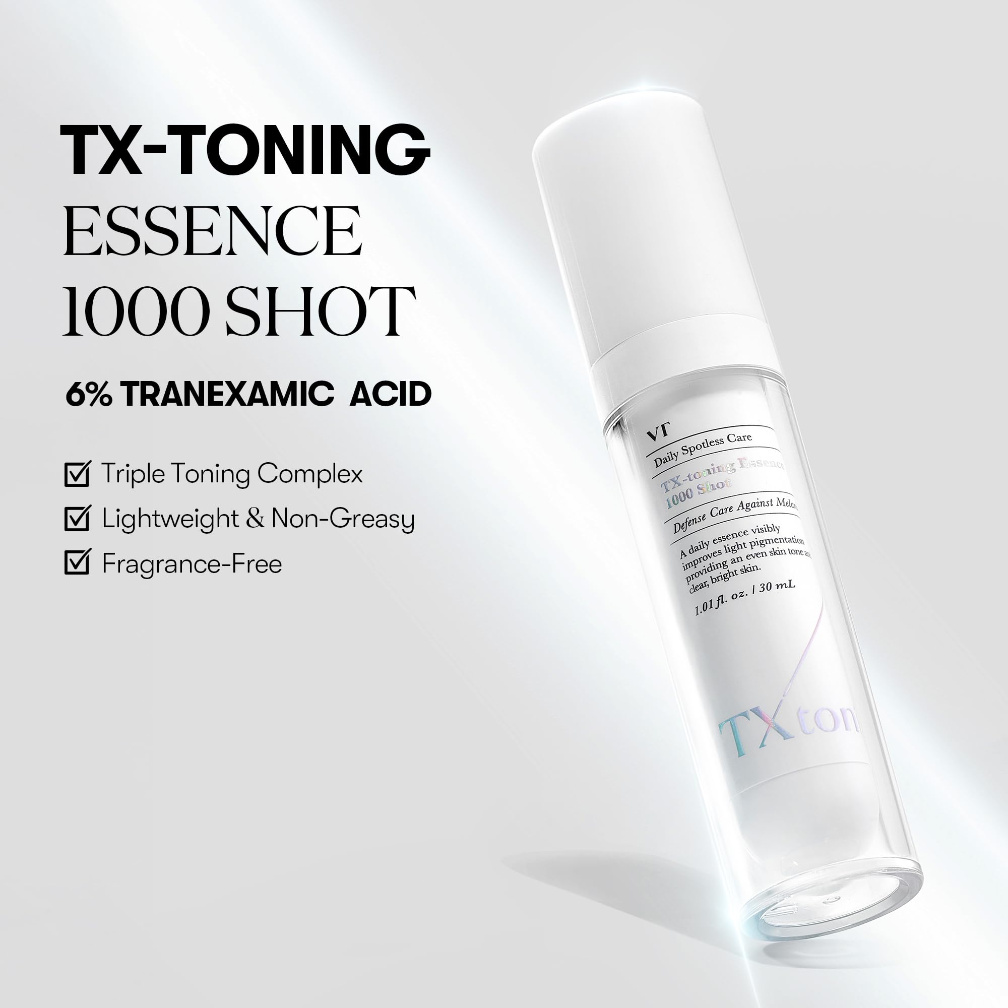 VT COSMETICS TX Toning Essence dropper highlights quick-absorb formula for smooth, dewy skin