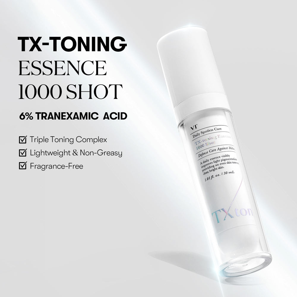VT COSMETICS TX Toning Essence dropper highlights quick-absorb formula for smooth, dewy skin