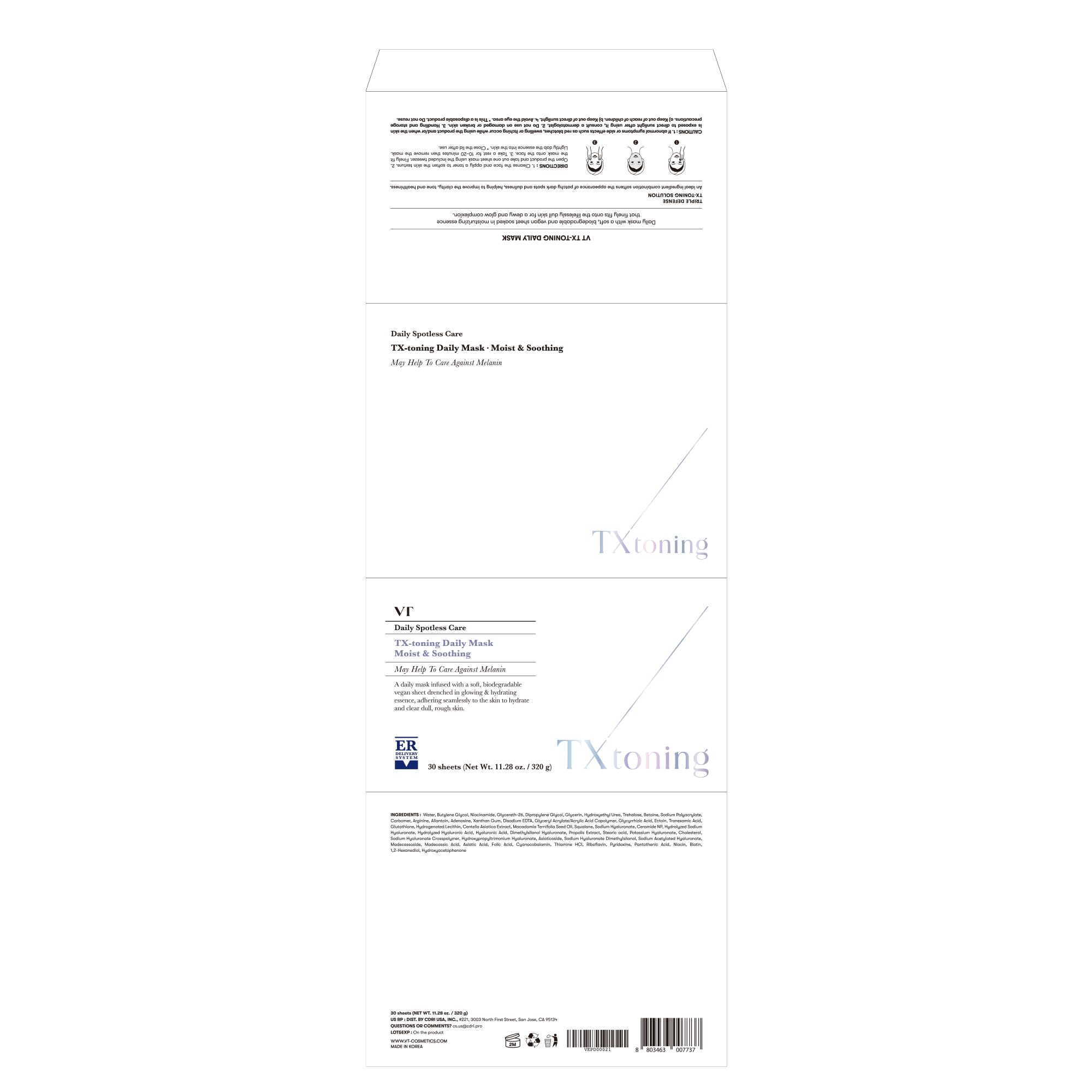 VT COSMETICS TX Toning Daily Mask fragrance-free label communicates sensitive-skin suitability