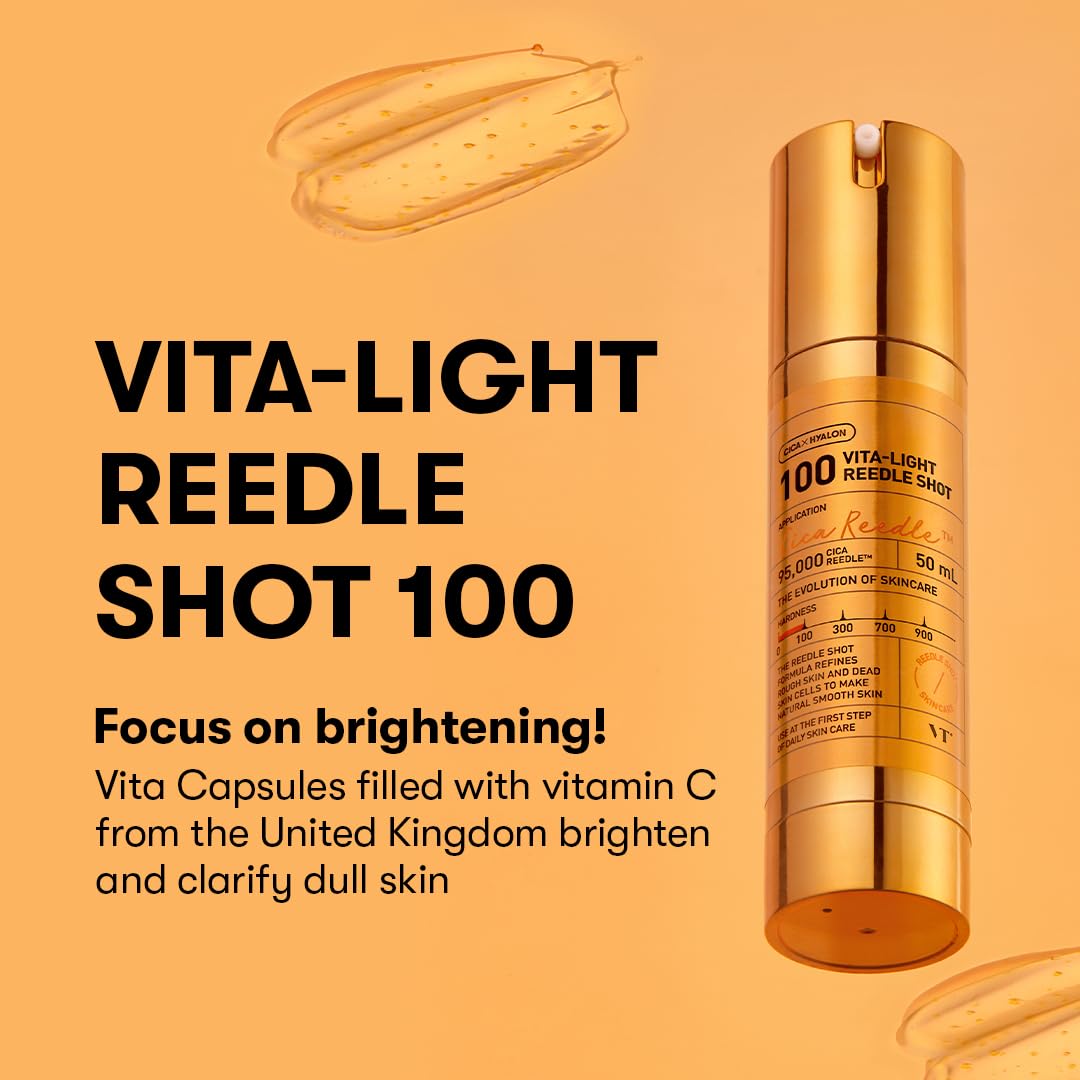 VT COSMETICS Vita-Light Reedle Shot capsules close-up showing stable vitamin C delivery.
